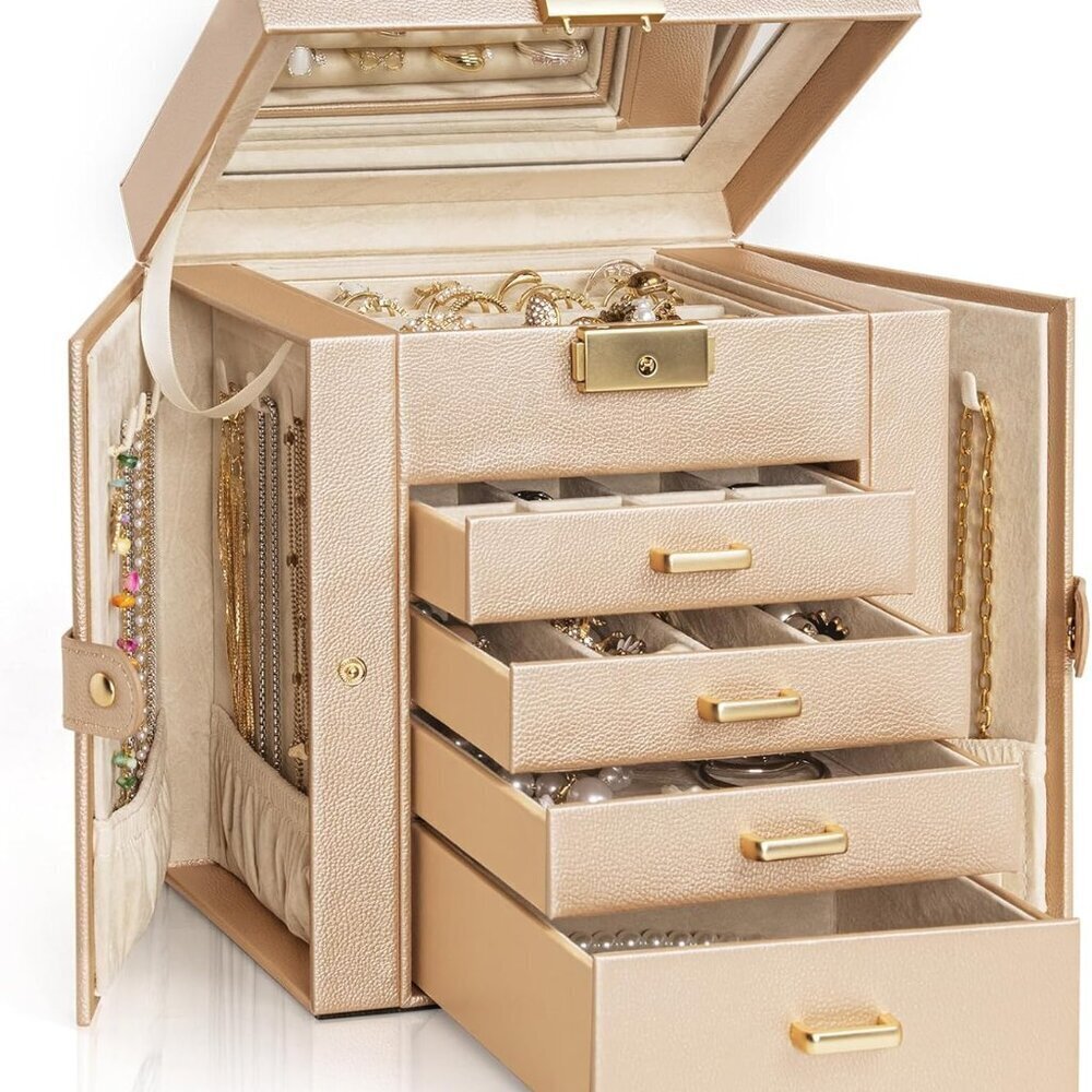 5-Tier Jewelry Box Leather Jewelry Storage Organizer with 4 Drawers Lockable